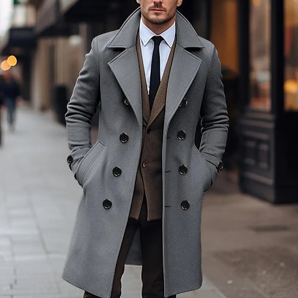 Men's Long Woolen Coat – Lapel Long Sleeve Solid Color Windbreaker with Pockets, Double Breasted Mid - Length Outwear by Luxe Ahmar – Available at LUXE AHMAR