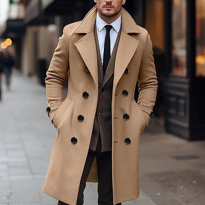 Men's Long Woolen Coat – Lapel Long Sleeve Solid Color Windbreaker with Pockets, Double Breasted Mid - Length Outwear by Luxe Ahmar – Available at LUXE AHMAR