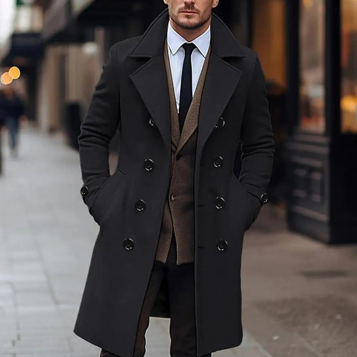 Men's Long Woolen Coat – Lapel Long Sleeve Solid Color Windbreaker with Pockets, Double Breasted Mid - Length Outwear by Luxe Ahmar – Available at LUXE AHMAR