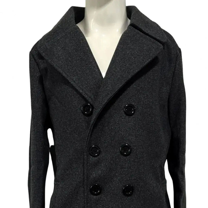 Men's Long Woolen Coat – Lapel Long Sleeve Solid Color Windbreaker with Pockets, Double Breasted Mid - Length Outwear by Luxe Ahmar – Available at LUXE AHMAR