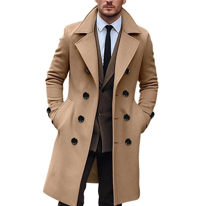 Men's Long Woolen Coat – Lapel Long Sleeve Solid Color Windbreaker with Pockets, Double Breasted Mid - Length Outwear by Luxe Ahmar – Available at LUXE AHMAR