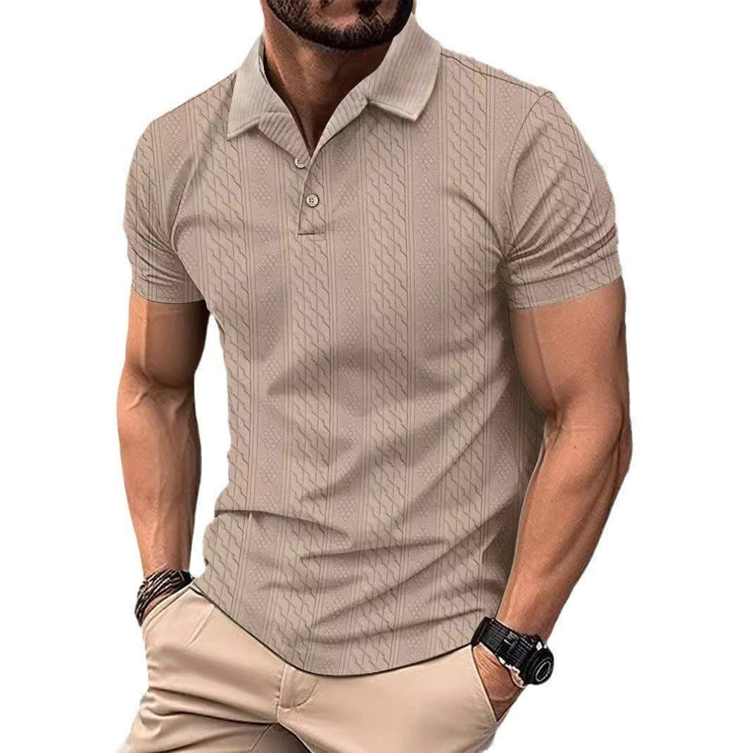 Men’s Solid Color Polo Collar Jacquard Short Sleeve Shirt – Casual Summer Button Top by LUXE AHMAR – Available at LUXE AHMAR