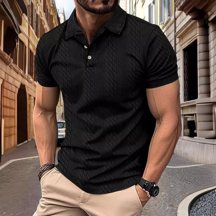 Men’s Solid Color Polo Collar Jacquard Short Sleeve Shirt – Casual Summer Button Top by LUXE AHMAR – Available at LUXE AHMAR