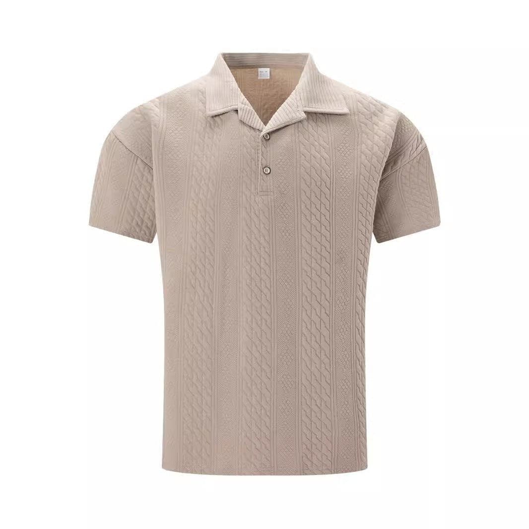 Men’s Solid Color Polo Collar Jacquard Short Sleeve Shirt – Casual Summer Button Top by LUXE AHMAR – Available at LUXE AHMAR