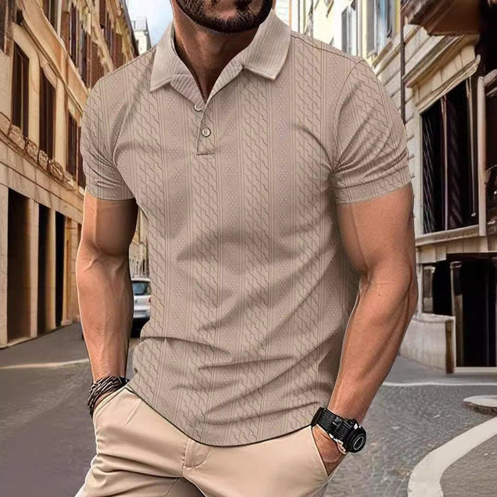 Men’s Solid Color Polo Collar Jacquard Short Sleeve Shirt – Casual Summer Button Top by LUXE AHMAR – Available at LUXE AHMAR
