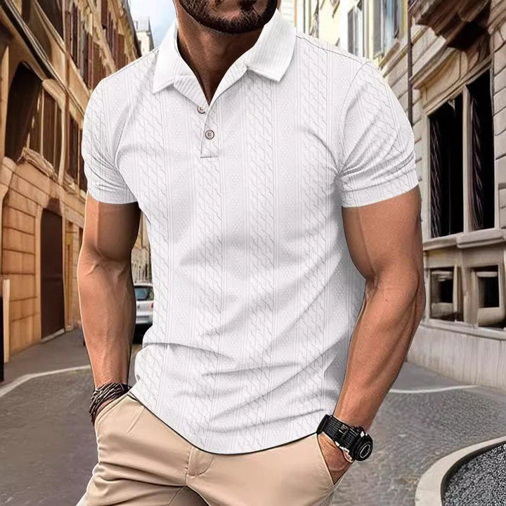 Men’s Solid Color Polo Collar Jacquard Short Sleeve Shirt – Casual Summer Button Top by LUXE AHMAR – Available at LUXE AHMAR