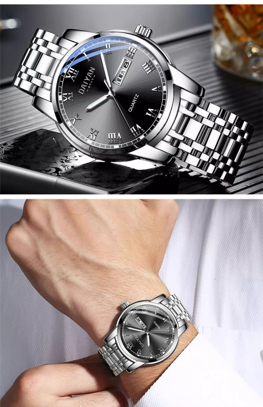 Men’s Stainless Steel Quartz Watch – Waterproof, Luminous, Double Calendar Display by LUXE AHMAR – Available at LUXE AHMAR