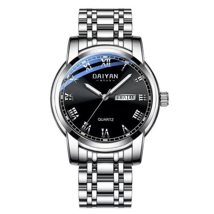 Men’s Stainless Steel Quartz Watch – Waterproof, Luminous, Double Calendar Display by LUXE AHMAR – Available at LUXE AHMAR