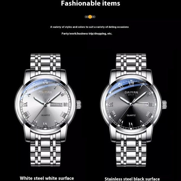 Men’s Stainless Steel Quartz Watch – Waterproof, Luminous, Double Calendar Display by LUXE AHMAR – Available at LUXE AHMAR