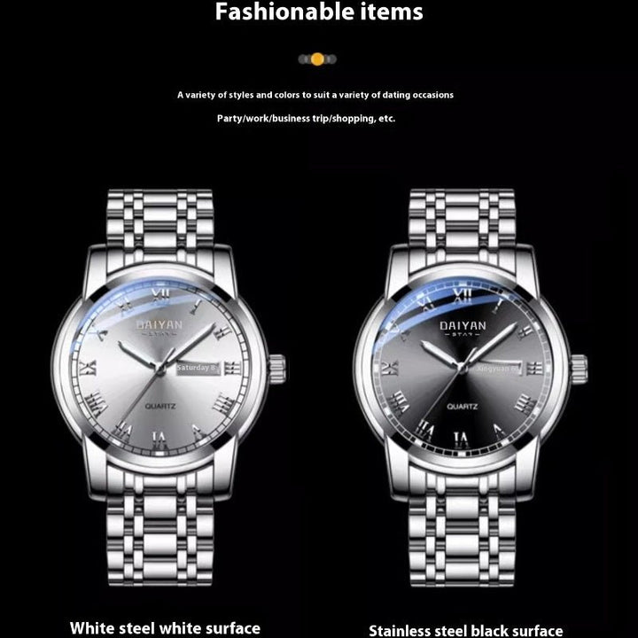 Men’s Stainless Steel Quartz Watch – Waterproof, Luminous, Double Calendar Display by LUXE AHMAR – Available at LUXE AHMAR