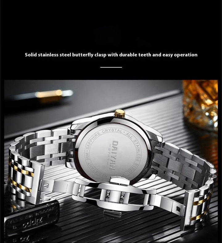 Men’s Stainless Steel Quartz Watch – Waterproof, Luminous, Double Calendar Display by LUXE AHMAR – Available at LUXE AHMAR