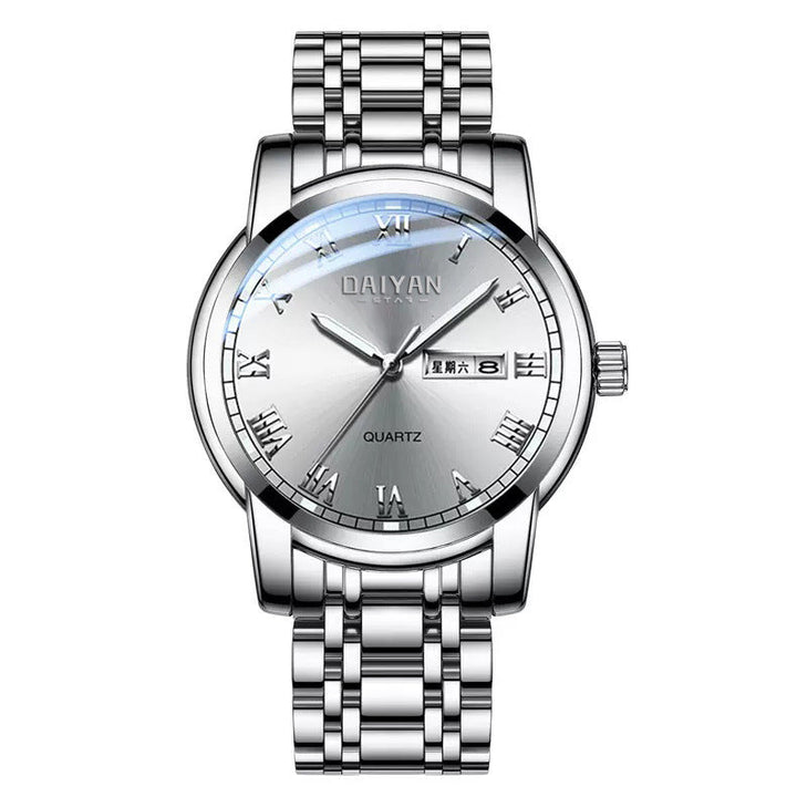 Men’s Stainless Steel Quartz Watch – Waterproof, Luminous, Double Calendar Display by LUXE AHMAR – Available at LUXE AHMAR