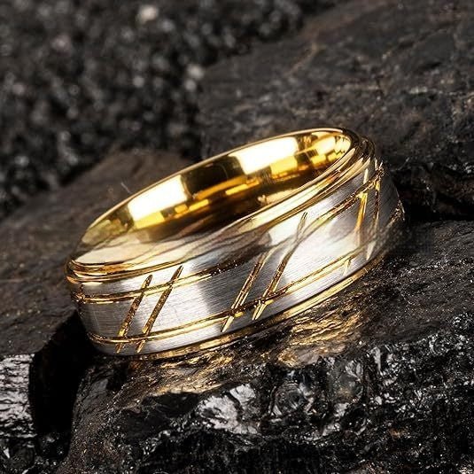 Men's Yellow Gold 8mm Simple Design Polished Twill Tungsten Ring by LUXE AHMAR – Available at LUXE AHMAR