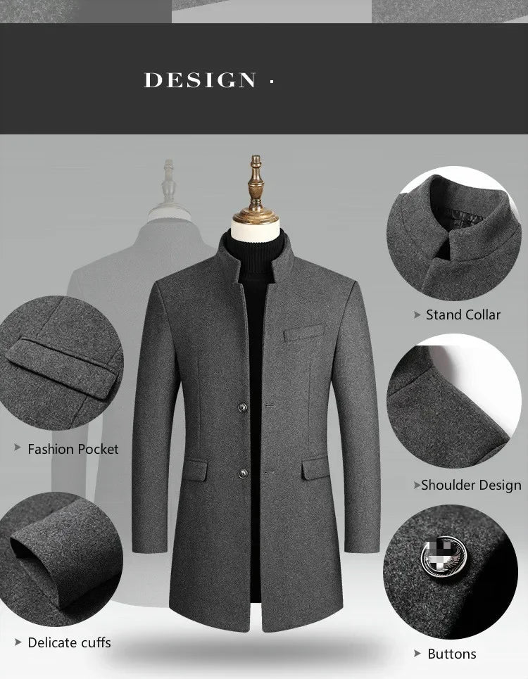 New Autumn Winter Woolen Coat for Men – Casual Slim Fit Windbreaker Mid - Length Cardigans Blends Jacket Coats (4XL - M) by Luxe Ahmar – Available at LUXE AHMAR