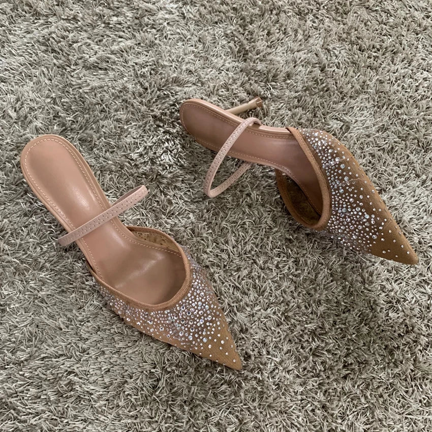 New Summer Women’s Sandals – Rhinestone Bright Mesh High Heels, Elegant Slingback Pointed Slip - On Party Lady Pumps Shoes by Luxe Ahmar – Available at LUXE AHMAR