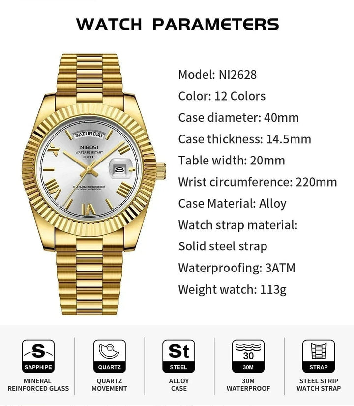 NIBOSI Luxury Men’s Stainless Steel Quartz Watch – Waterproof, Luminous, Sports Style with Date Display by Luxe Ahmar – Available at LUXE AHMAR