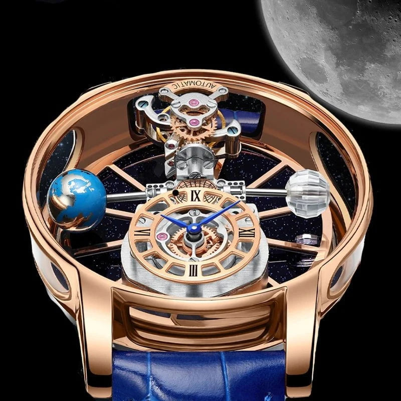 PINDU Design Celestial Series Quartz Watch for Men – Starry Sky Crystal Dial, Leather Strap, Roman Numerals by Luxe Ahmar – Available at LUXE AHMAR