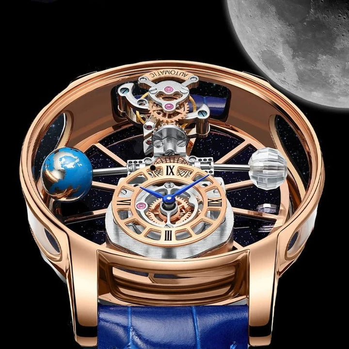 PINDU Design Celestial Series Quartz Watch for Men – Starry Sky Crystal Dial, Leather Strap, Roman Numerals by Luxe Ahmar – Available at LUXE AHMAR
