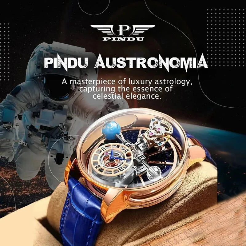 PINDU Design Celestial Series Quartz Watch for Men – Starry Sky Crystal Dial, Leather Strap, Roman Numerals by Luxe Ahmar – Available at LUXE AHMAR