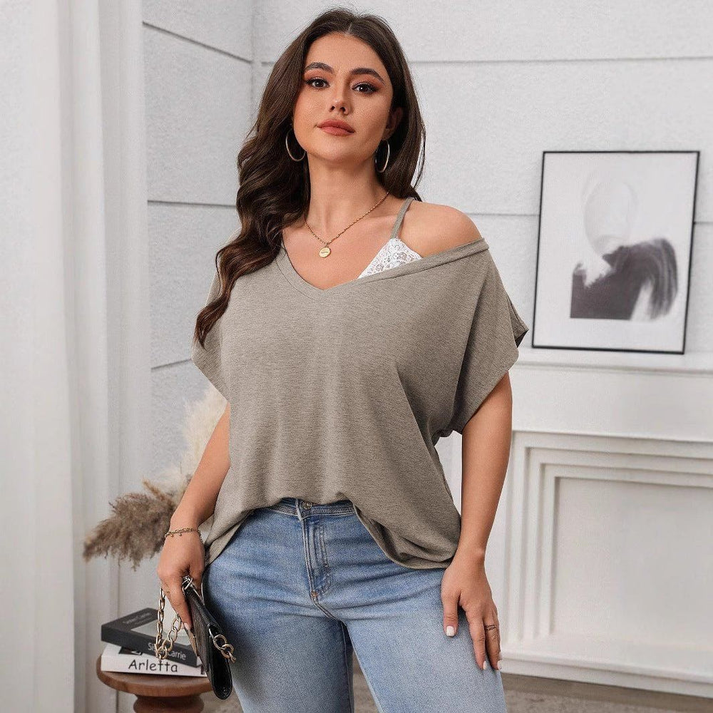 Plus Size Slant Shoulder Batwing Sleeve Top – Casual Solid Color Loose Fit Pullover by LUXE AHMAR – Available at LUXE AHMAR