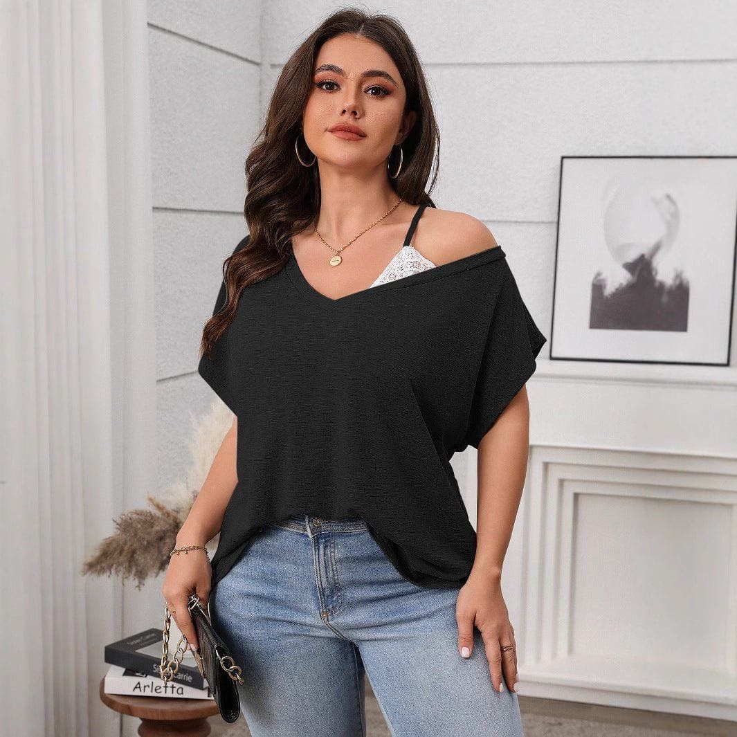 Plus Size Slant Shoulder Batwing Sleeve Top – Casual Solid Color Loose Fit Pullover by LUXE AHMAR – Available at LUXE AHMAR