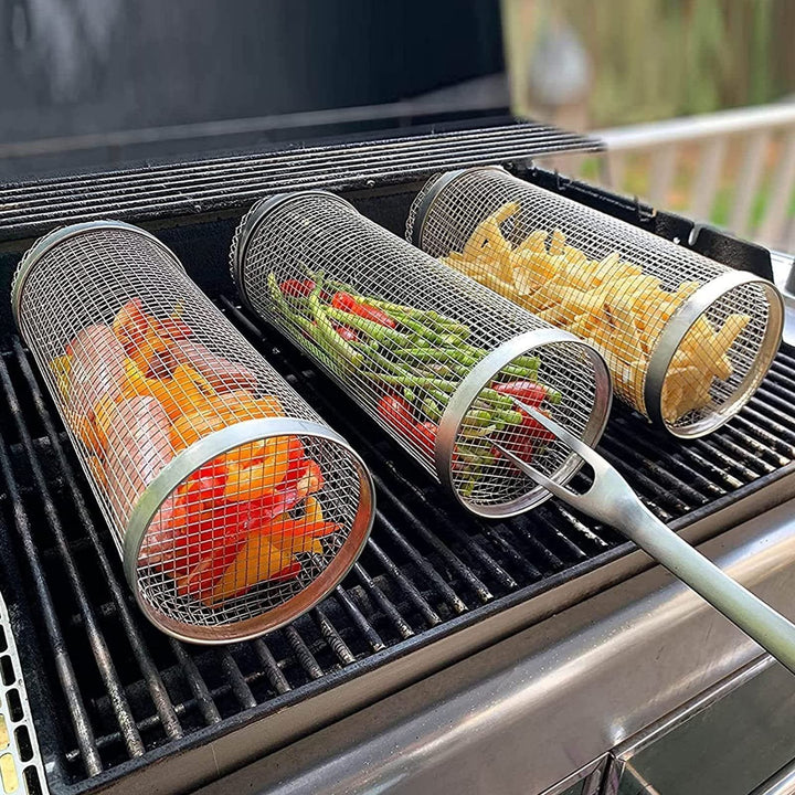 Rolling Grilling Basket – Portable BBQ Mesh Cylinder for Outdoor Grilling, Rotating Barbecue Rack with Handle for Vegetables & Meats by LUXE AHMAR – Available at LUXE AHMAR