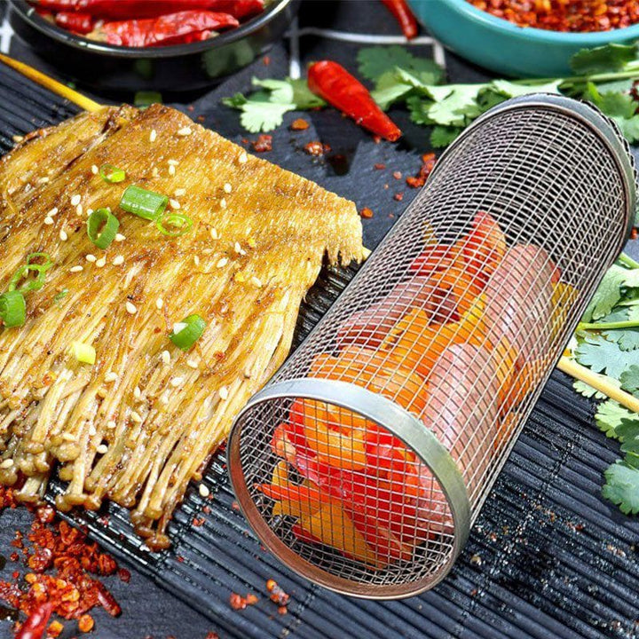 Rolling Grilling Basket – Portable BBQ Mesh Cylinder for Outdoor Grilling, Rotating Barbecue Rack with Handle for Vegetables & Meats by LUXE AHMAR – Available at LUXE AHMAR
