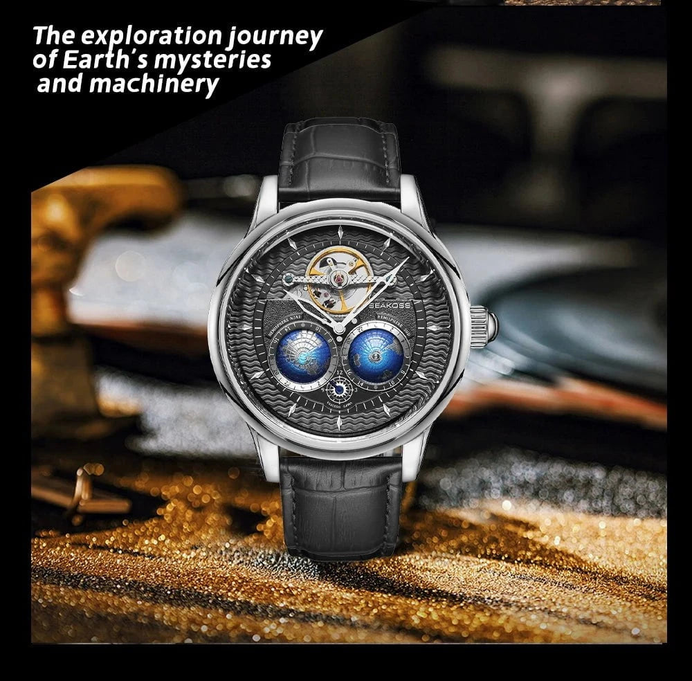 SEAKOSS Dual Earth Rotation Mechanical Watch for Men – Luxury 1963 Pilot Style Automatic Timepiece with Waterproof Design by Luxe Ahmar – Available at LUXE AHMAR