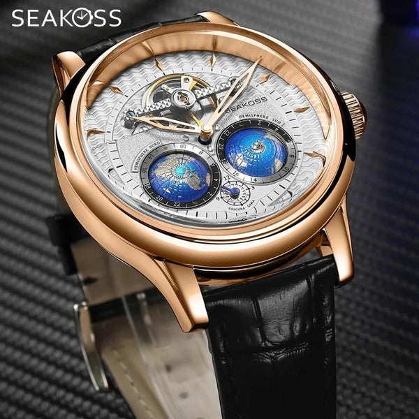 SEAKOSS Dual Earth Rotation Mechanical Watch for Men – Luxury 1963 Pilot Style Automatic Timepiece with Waterproof Design by Luxe Ahmar – Available at LUXE AHMAR