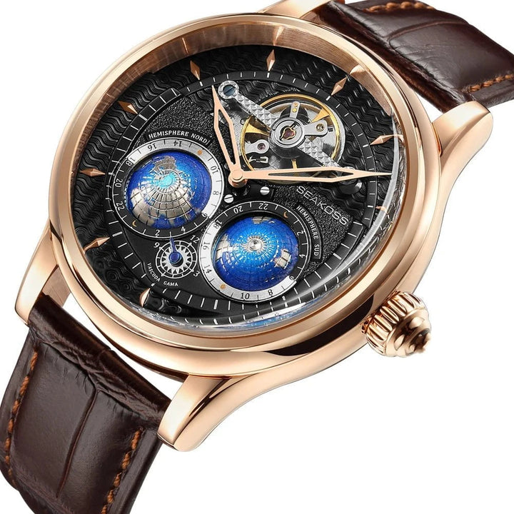 SEAKOSS Dual Earth Rotation Mechanical Watch for Men – Luxury 1963 Pilot Style Automatic Timepiece with Waterproof Design by Luxe Ahmar – Available at LUXE AHMAR
