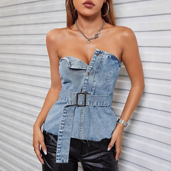 Sexy Backless Lace - Up Denim Tube Top – Street Style Slim Fit Corset Top by LUXE AHMAR – Available at LUXE AHMAR