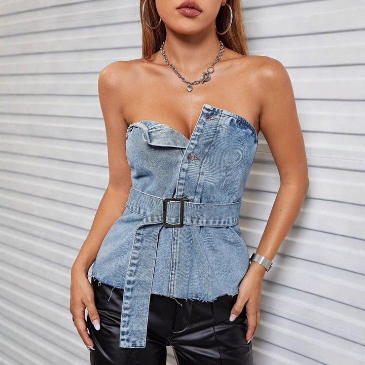 Sexy Backless Lace - Up Denim Tube Top – Street Style Slim Fit Corset Top by LUXE AHMAR – Available at LUXE AHMAR