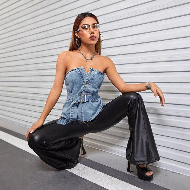Sexy Backless Lace - Up Denim Tube Top – Street Style Slim Fit Corset Top by LUXE AHMAR – Available at LUXE AHMAR
