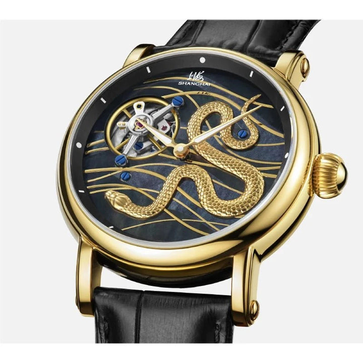 Shanghai Golden Snake Tourbillon Watch – Limited Edition Hand - Wound Mechanical Timepiece with Sapphire Crystal & Leather Strap by Luxe Ahmar – Available at LUXE AHMAR