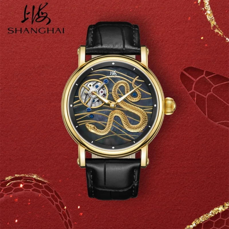 Shanghai Golden Snake Tourbillon Watch – Limited Edition Hand - Wound Mechanical Timepiece with Sapphire Crystal & Leather Strap by Luxe Ahmar – Available at LUXE AHMAR