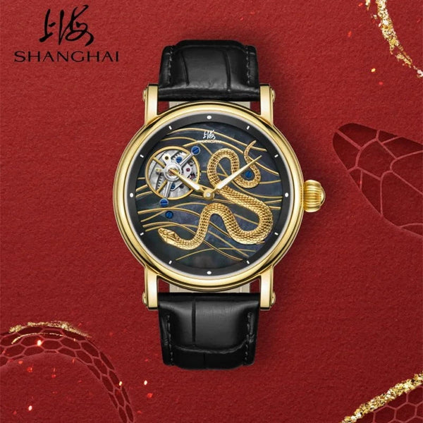 Shanghai Golden Snake Tourbillon Watch – Limited Edition Hand - Wound Mechanical Timepiece with Sapphire Crystal & Leather Strap by Luxe Ahmar – Available at LUXE AHMAR