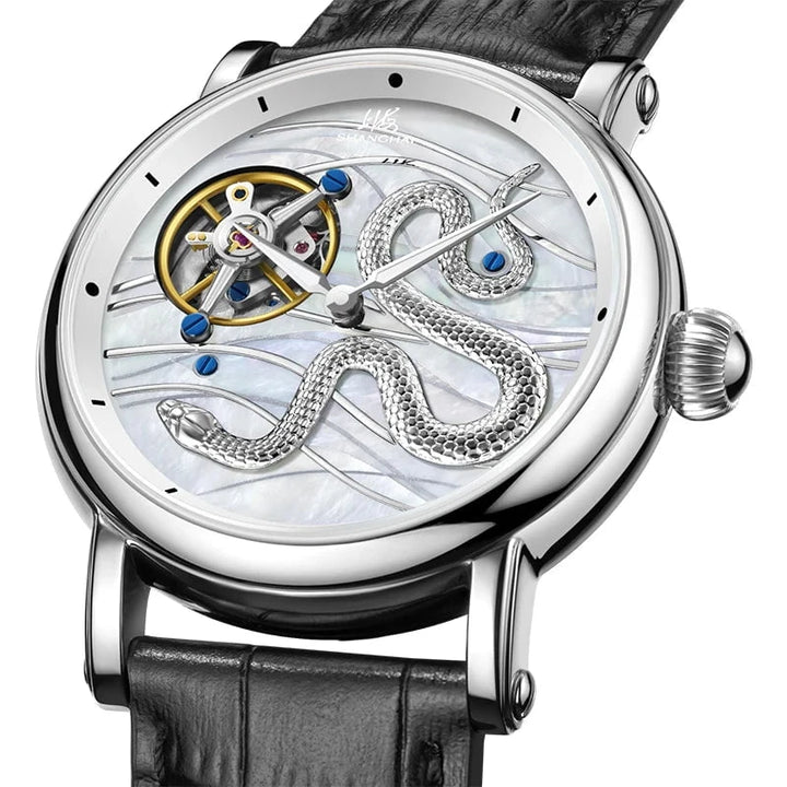 Shanghai Golden Snake Tourbillon Watch – Limited Edition Hand - Wound Mechanical Timepiece with Sapphire Crystal & Leather Strap by Luxe Ahmar – Available at LUXE AHMAR
