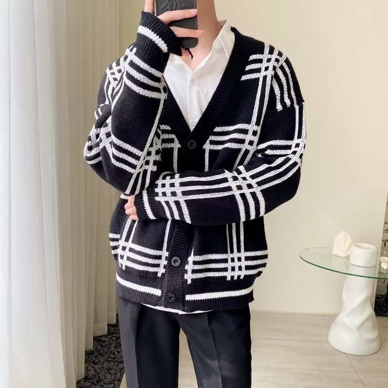 Striped Knitted Cardigan Coat Retro Men by LUXE AHMAR – Available at LUXE AHMAR