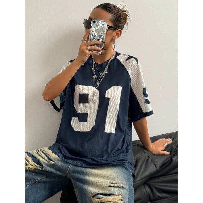 Unisex Sports Style Mesh T-shirt – Streetwear Loose Fit Contrast Color Printed Jersey by LUXE AHMAR – Available at LUXE AHMAR