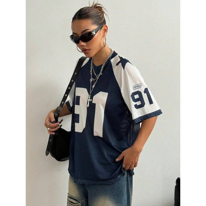 Unisex Sports Style Mesh T-shirt – Streetwear Loose Fit Contrast Color Printed Jersey by LUXE AHMAR – Available at LUXE AHMAR