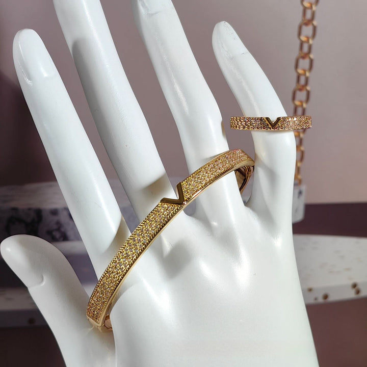 V - shaped 18K Genuine Gold Electroplated Bracelet Ring Set by LUXE AHMAR – Available at LUXE AHMAR