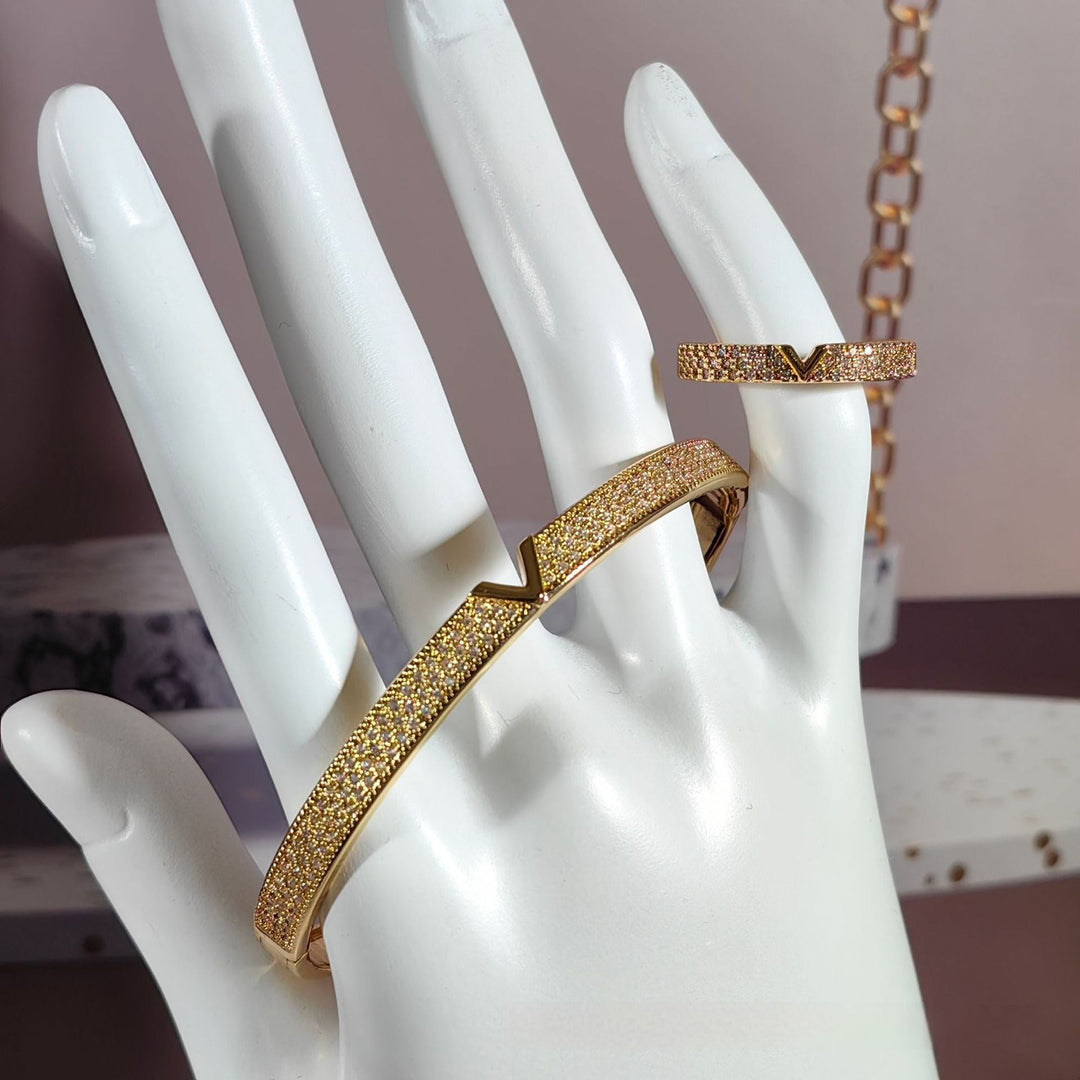V - shaped 18K Genuine Gold Electroplated Bracelet Ring Set by LUXE AHMAR – Available at LUXE AHMAR