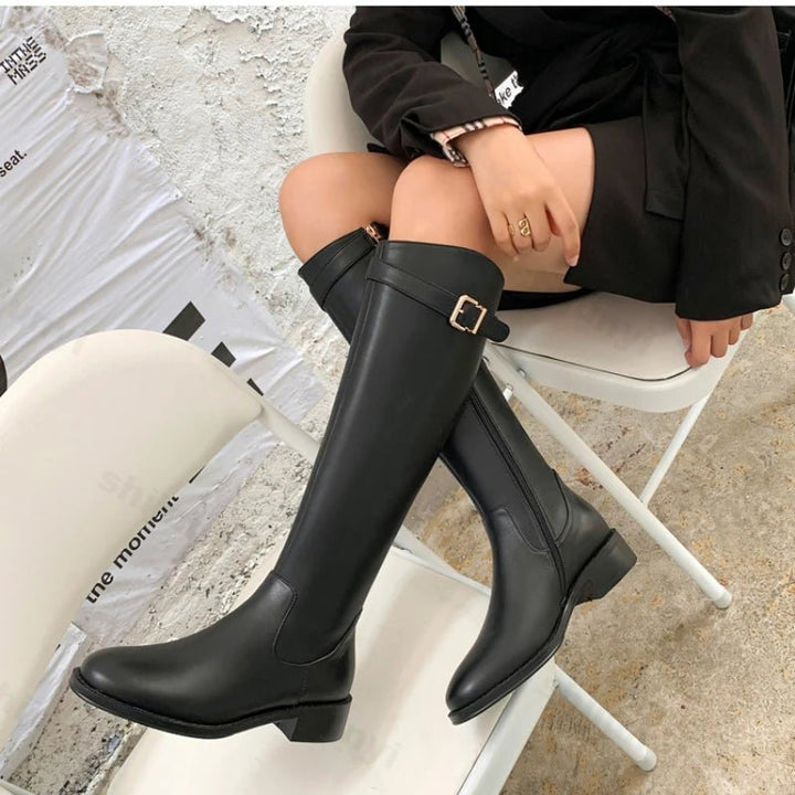Vintage Warm Plush Knee - High Boots for Women - Fashion Belt Buckle Low Heel Knight Boots by Luxe Ahmar – Available at LUXE AHMAR