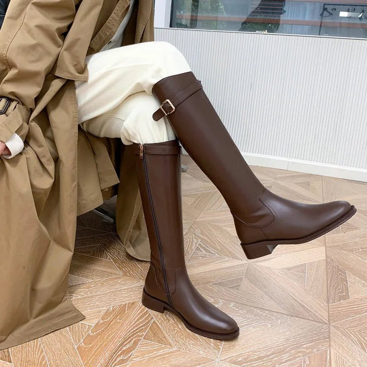 Vintage Warm Plush Knee - High Boots for Women - Fashion Belt Buckle Low Heel Knight Boots by Luxe Ahmar – Available at LUXE AHMAR