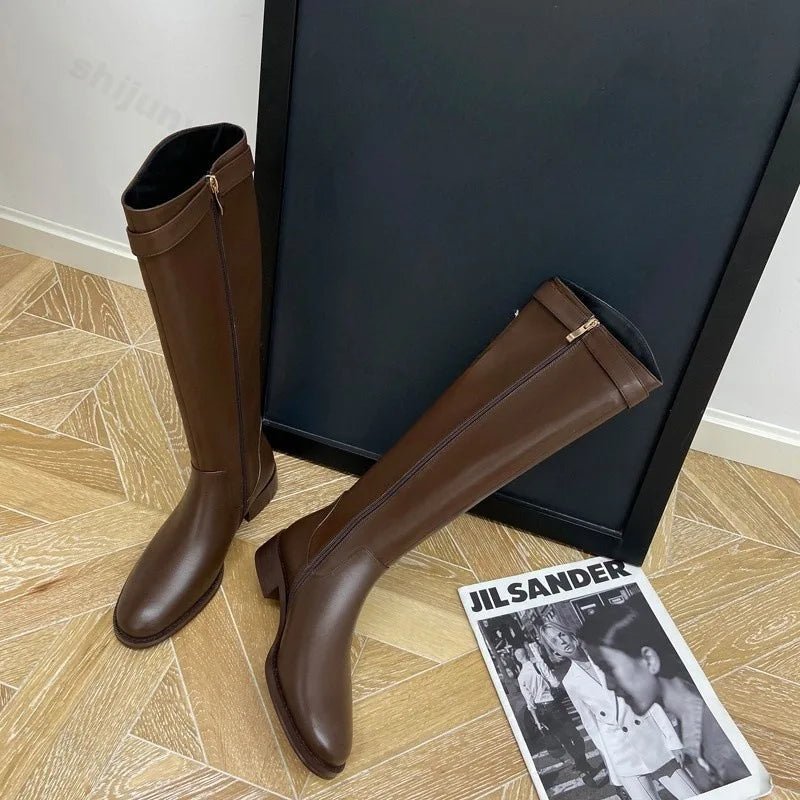 Vintage Warm Plush Knee - High Boots for Women - Fashion Belt Buckle Low Heel Knight Boots by Luxe Ahmar – Available at LUXE AHMAR