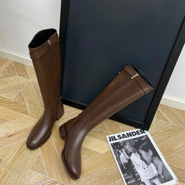 Vintage Warm Plush Knee - High Boots for Women - Fashion Belt Buckle Low Heel Knight Boots by Luxe Ahmar – Available at LUXE AHMAR