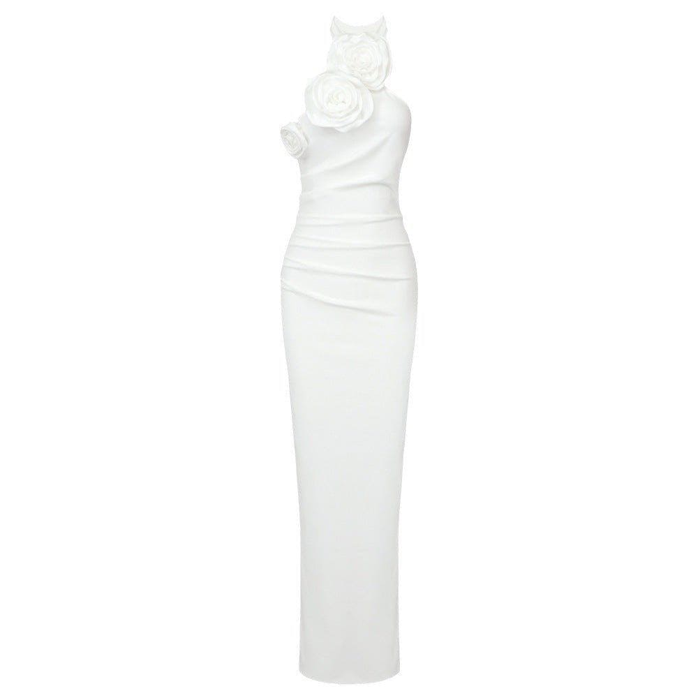 White Ribbon Flower Halter Backless Long Dress – Sexy Asymmetric High - Waist Maxi Dress by LUXE AHMAR – Available at LUXE AHMAR