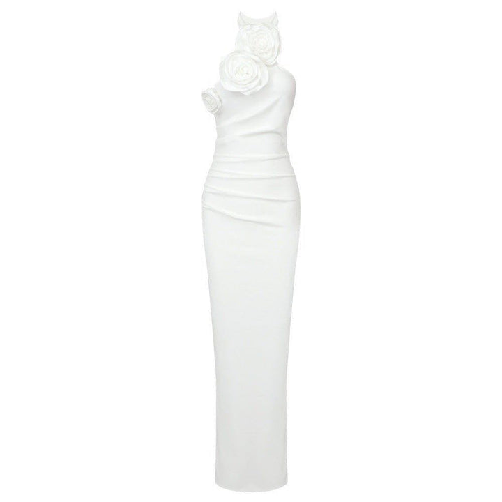 White Ribbon Flower Halter Backless Long Dress – Sexy Asymmetric High - Waist Maxi Dress by LUXE AHMAR – Available at LUXE AHMAR