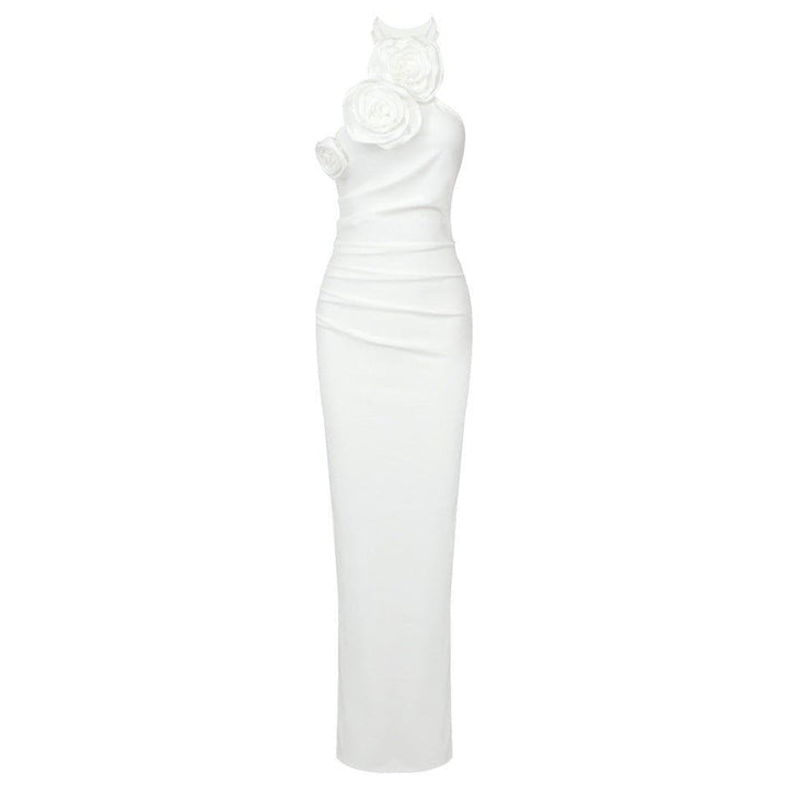 White Ribbon Flower Halter Backless Long Dress – Sexy Asymmetric High - Waist Maxi Dress by LUXE AHMAR – Available at LUXE AHMAR