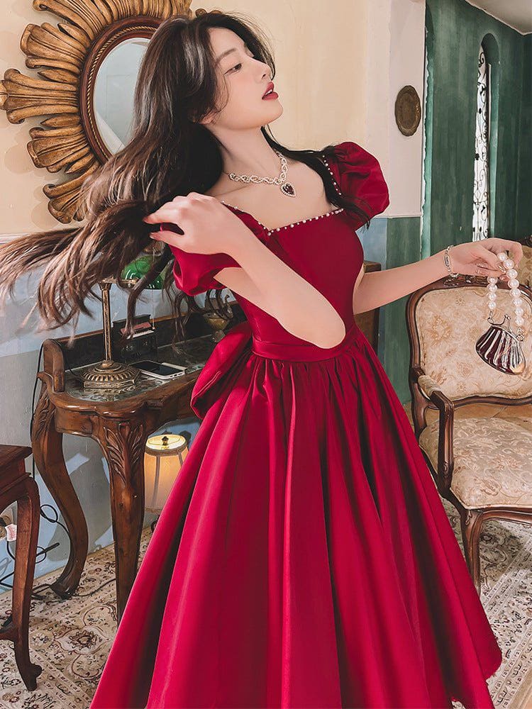 Winter Wine Red Satin Dress – French Princess Mid - Length Puff Sleeve Engagement Gown by LUXE AHMAR – Available at LUXE AHMAR